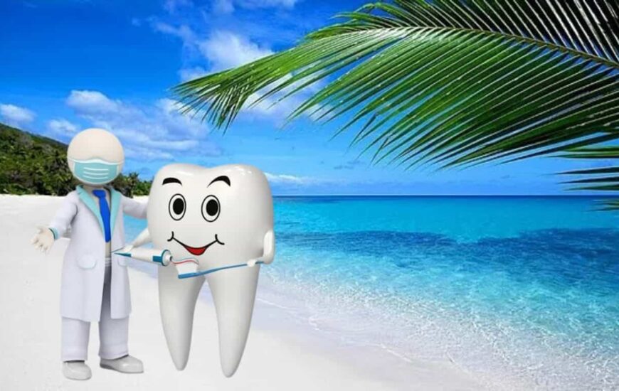 diş ve yanında diş hekimi olan bir simge. Arka planda deniz ve kumsal yer almakta.