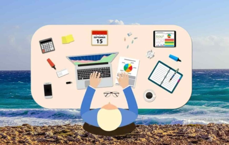 Bir çizim. Öğrenci masada çalışmakta. masada laptop, defter, takvim, hesap makinesi ve kalem yer almakta. Arka planda ise sahil gözükmekte.