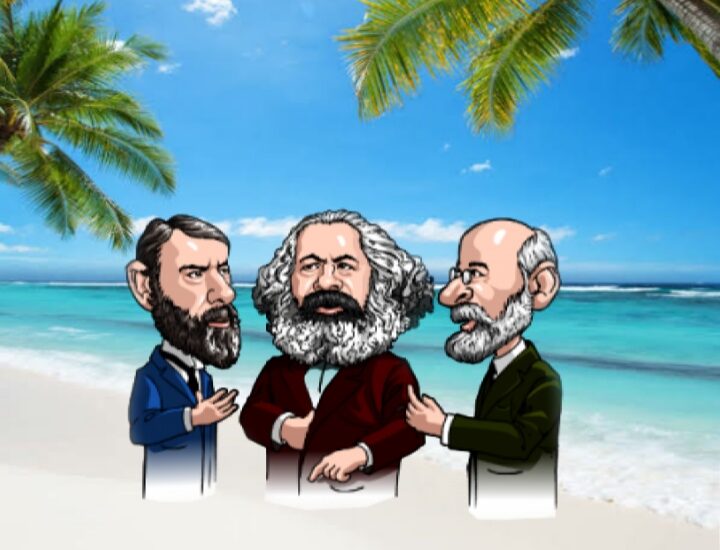 Sahilde karikatüristik olarak sol tarafta Engels, ortada Karl Marx ve sağ tarafında Durkheim görseli bulunuyor.
