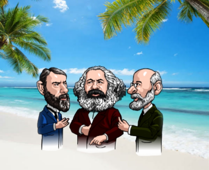 Sahilde karikatüristik olarak sol tarafta Engels, ortada Karl Marx ve sağ tarafında Durkheim görseli bulunuyor.