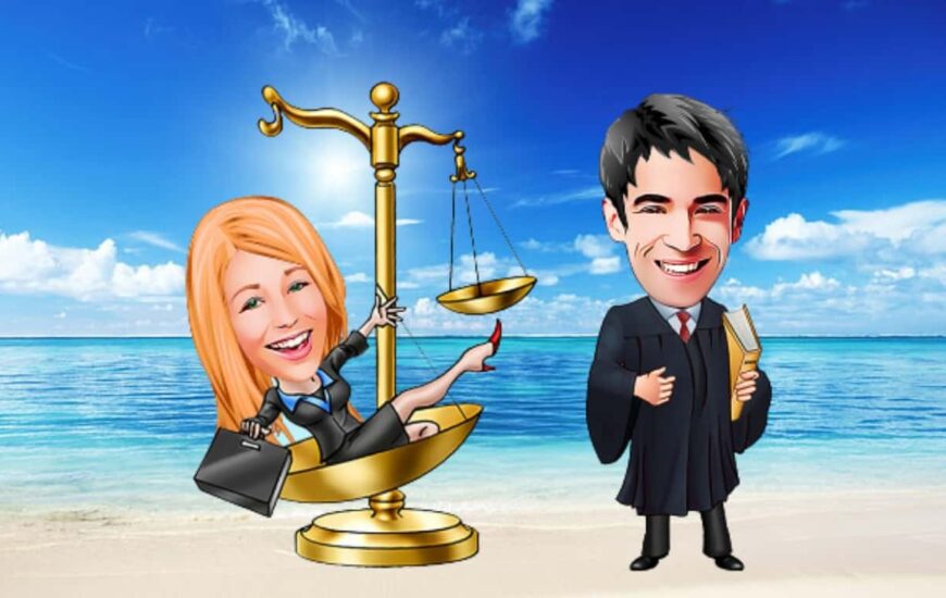 Bir kadın bir de erkek avukat. Kadın olanın elinde çanta var ve adalet terazisi üzerinde durmakta. Erkek olanın elinde kitap var. Arka planda sahil görülmekte.