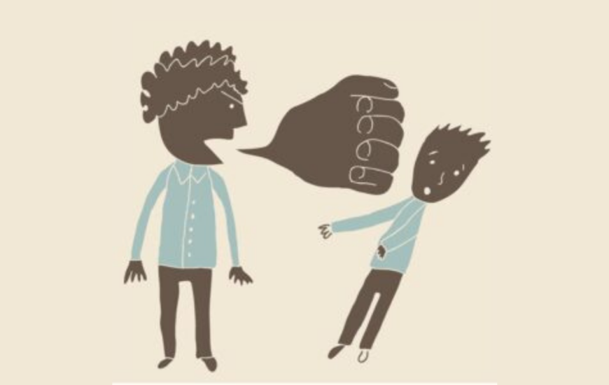 Çizim. Bir kişi konuşurken yumruk çizimi diğer kişinin üzerine doğru gitmekte. Psikolojik şiddetin boyutu ifade edilmekte.