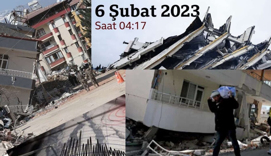 6 şubat 2023 saat 04:17’de Türkiye’nin güney bölgesinde yer alan depremin yaratmış olduğu enkazların görsellerinden kolaj yapılmıştır. Görselde yıkılmış binalar ve poşet taşıyan insanlar, askerler ve enkaz başında bulunan insanlar var.