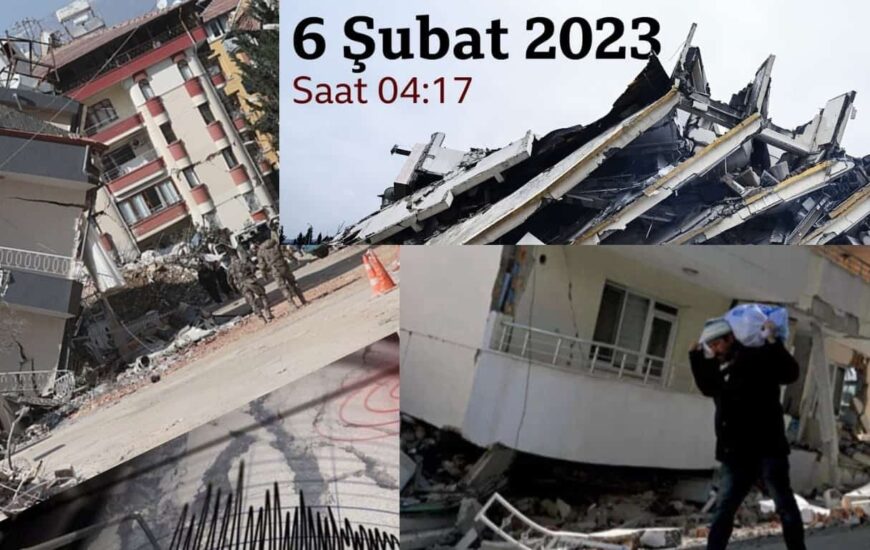 6 şubat 2023 saat 04:17’de Türkiye’nin güney bölgesinde yer alan depremin yaratmış olduğu enkazların görsellerinden kolaj yapılmıştır. Görselde yıkılmış binalar ve poşet taşıyan insanlar, askerler ve enkaz başında bulunan insanlar var.