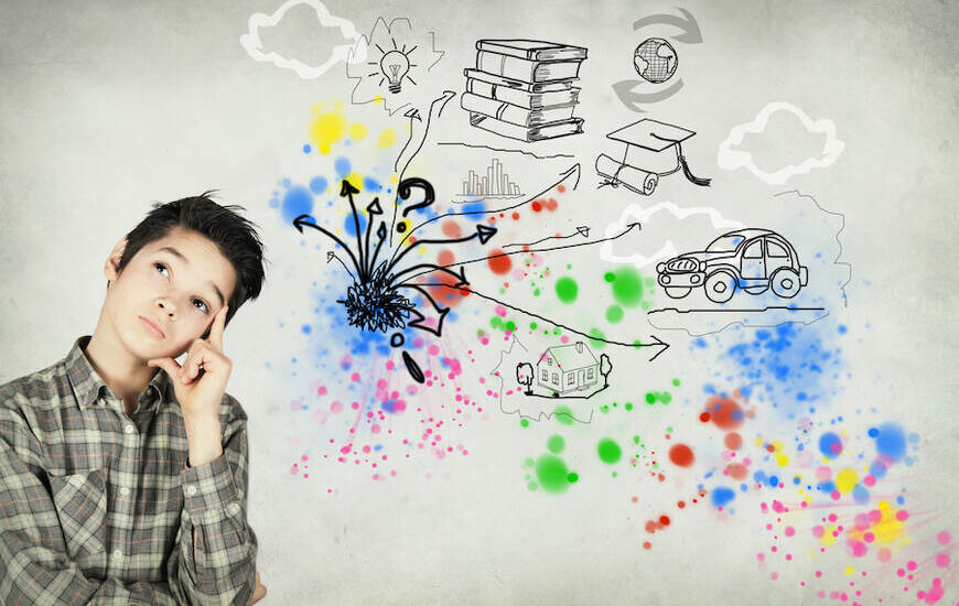 Bir çocuk düşünceli şekilde gözükmekte. Sağ tarafta ise renkler, ev, araba, kitap, ampül, soru işaretleri, dünya ve mezuniyet kep çizimleri yer almakta.