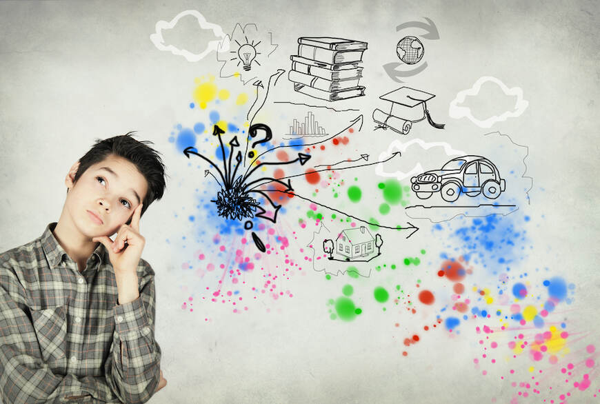 Bir çocuk düşünceli şekilde gözükmekte. Sağ tarafta ise renkler, ev, araba, kitap, ampül, soru işaretleri, dünya ve mezuniyet kep çizimleri yer almakta.