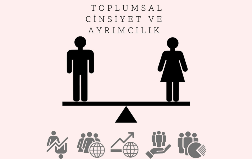 Bir çizim. Tahteravalli üzerinde bir kadın bir erkek dengede durmaktadır. Üstünde de Toplumsal cinsiyet ve ayrımcılık yazmakta.