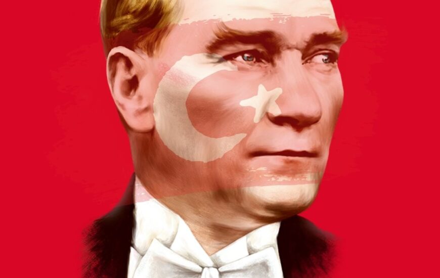 Atatürk çizimi. Atatürk’ün yüz bölgesinde Türk Bayrağı bulunmakta. Arka plan ise kırmızı.