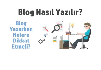 Blog Nasıl yazılır, blog yazarken nelere dikkat etmeli? yazmakta. Ayrıca görselin sağ kısmında bir çizim bulunmakta. Çizimde yer alan adam masada çalışmakta.