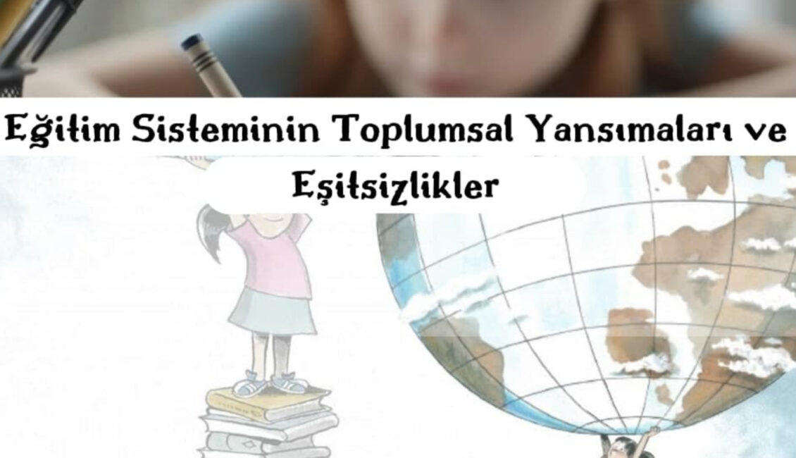 Eğitim Sistemin Toplumsal Yansımaları ve Eşitsizlikler yazan bir görsel. Bir tane çocuk kağıda bir şeyler çizmekte. Görselin diğer yarısı çizimden oluşmakta. 4 tane çocuk 2 tanesi örgü ve şişlere basmış diğer iki çocuğa bakmakta. Çocuklardan diğer ikisi kitaplara basmakta. Birinin ellerinde dünya yer almakta.