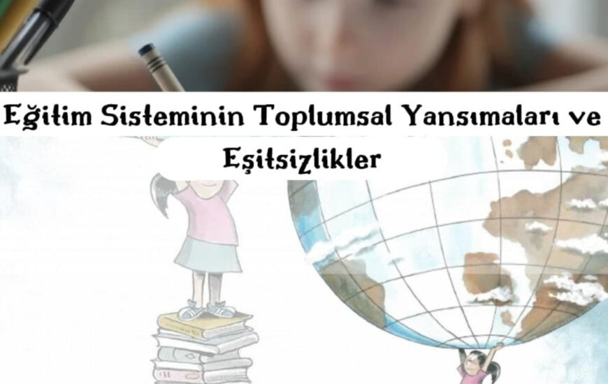 Eğitim Sistemin Toplumsal Yansımaları ve Eşitsizlikler yazan bir görsel. Bir tane çocuk kağıda bir şeyler çizmekte. Görselin diğer yarısı çizimden oluşmakta. 4 tane çocuk 2 tanesi örgü ve şişlere basmış diğer iki çocuğa bakmakta. Çocuklardan diğer ikisi kitaplara basmakta. Birinin ellerinde dünya yer almakta.